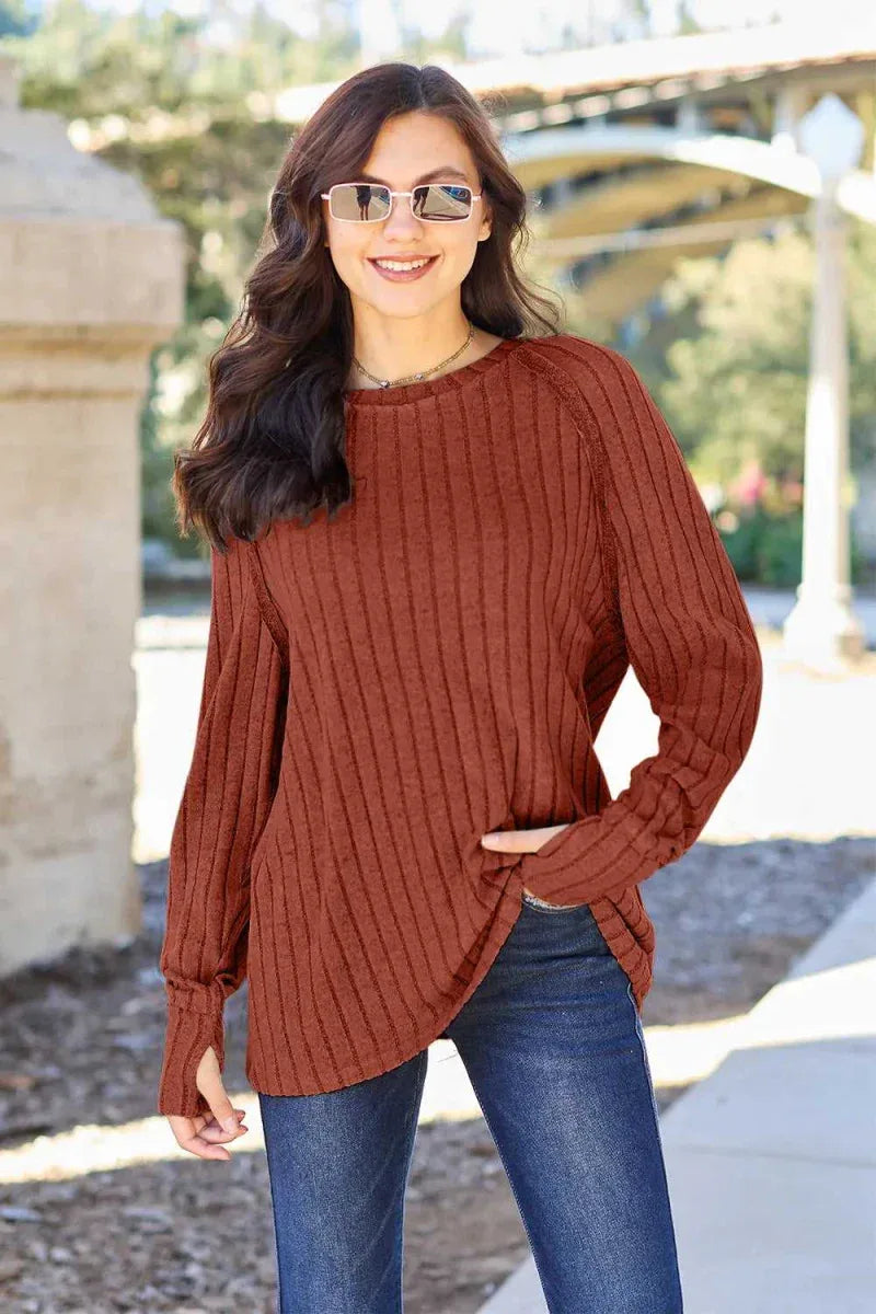 Full Size Ribbed Round Neck Long Sleeve Knit Top BY Basic Bae -- 