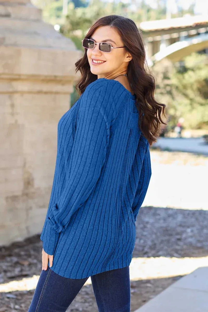 Full Size Ribbed Round Neck Long Sleeve Knit Top BY Basic Bae -- 