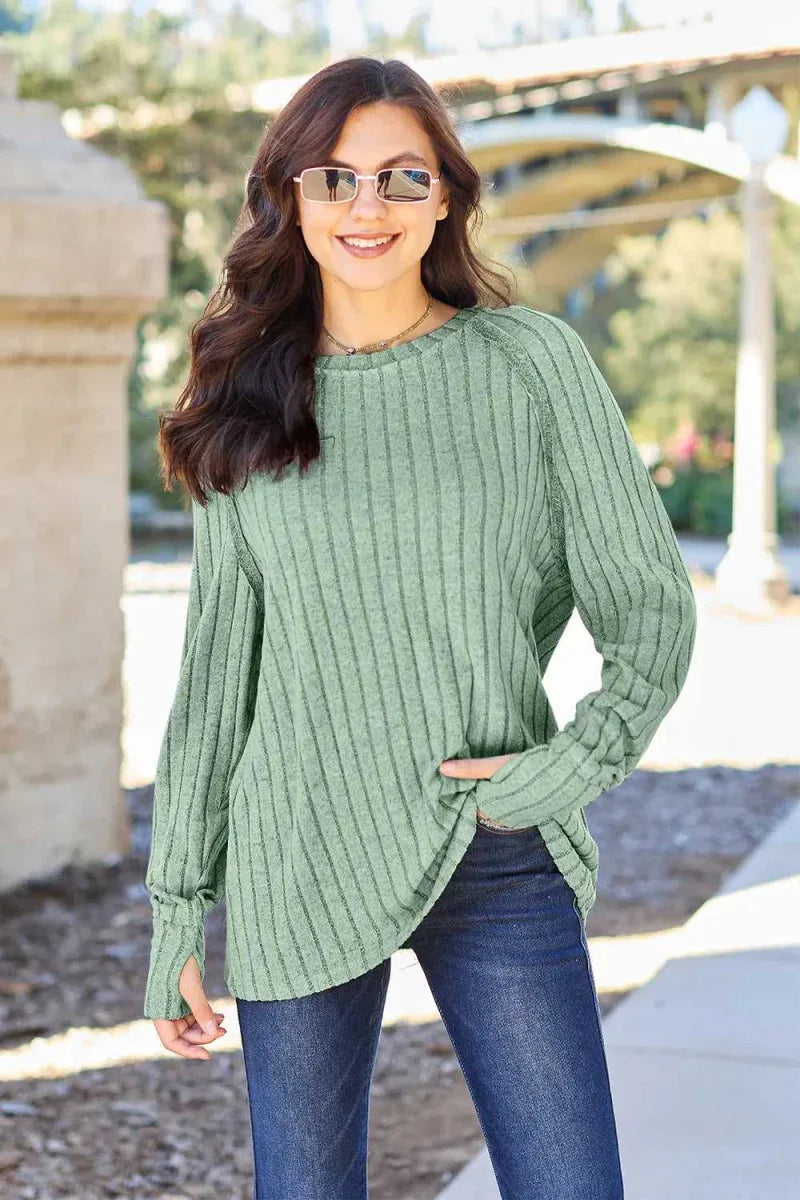 Full Size Ribbed Round Neck Long Sleeve Knit Top BY Basic Bae -- 