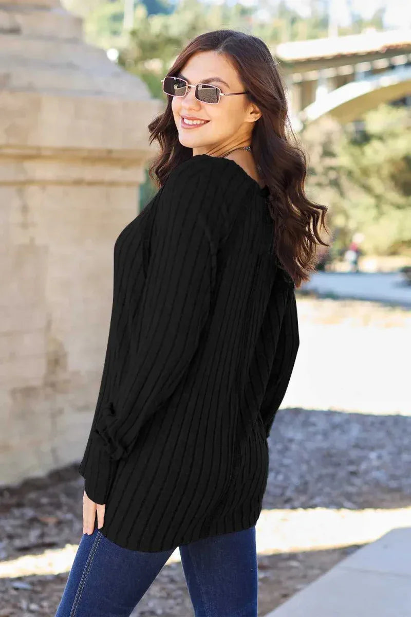 Full Size Ribbed Round Neck Long Sleeve Knit Top BY Basic Bae -- 