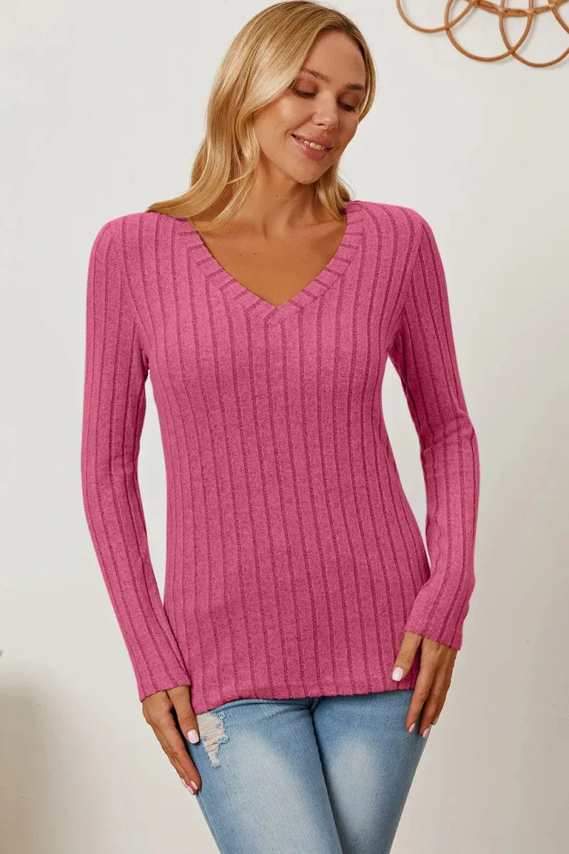 Basic Bae Full Size Ribbed V-Neck Long Sleeve T-Shirt -- 