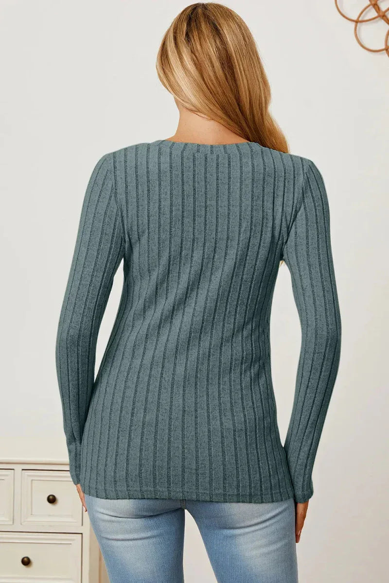 Basic Bae Full Size Ribbed V-Neck Long Sleeve T-Shirt -- 