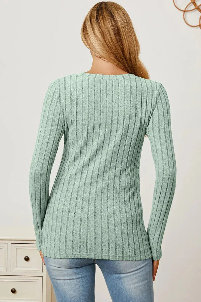 Basic Bae Full Size Ribbed V-Neck Long Sleeve T-Shirt -- 