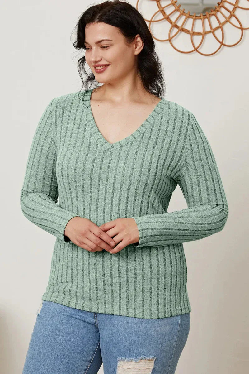 Basic Bae Full Size Ribbed V-Neck Long Sleeve T-Shirt -- 