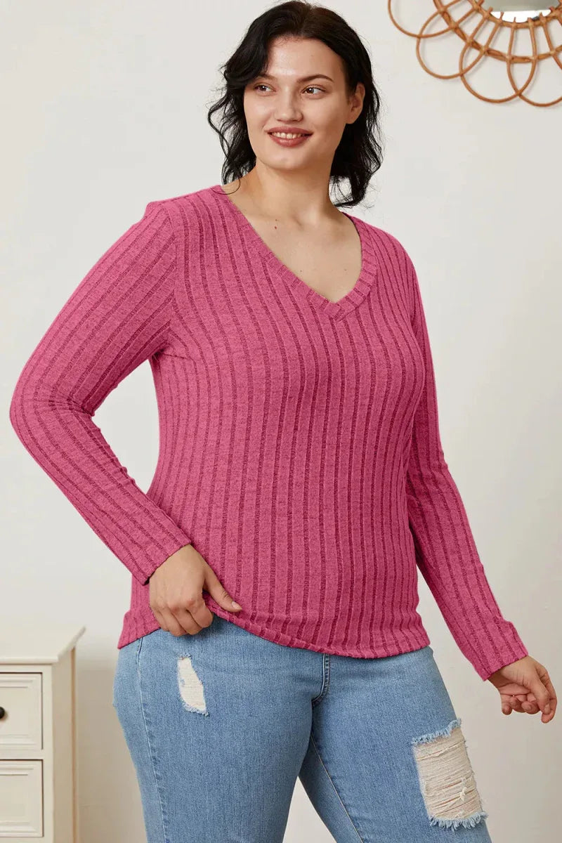 Basic Bae Full Size Ribbed V-Neck Long Sleeve T-Shirt -- 