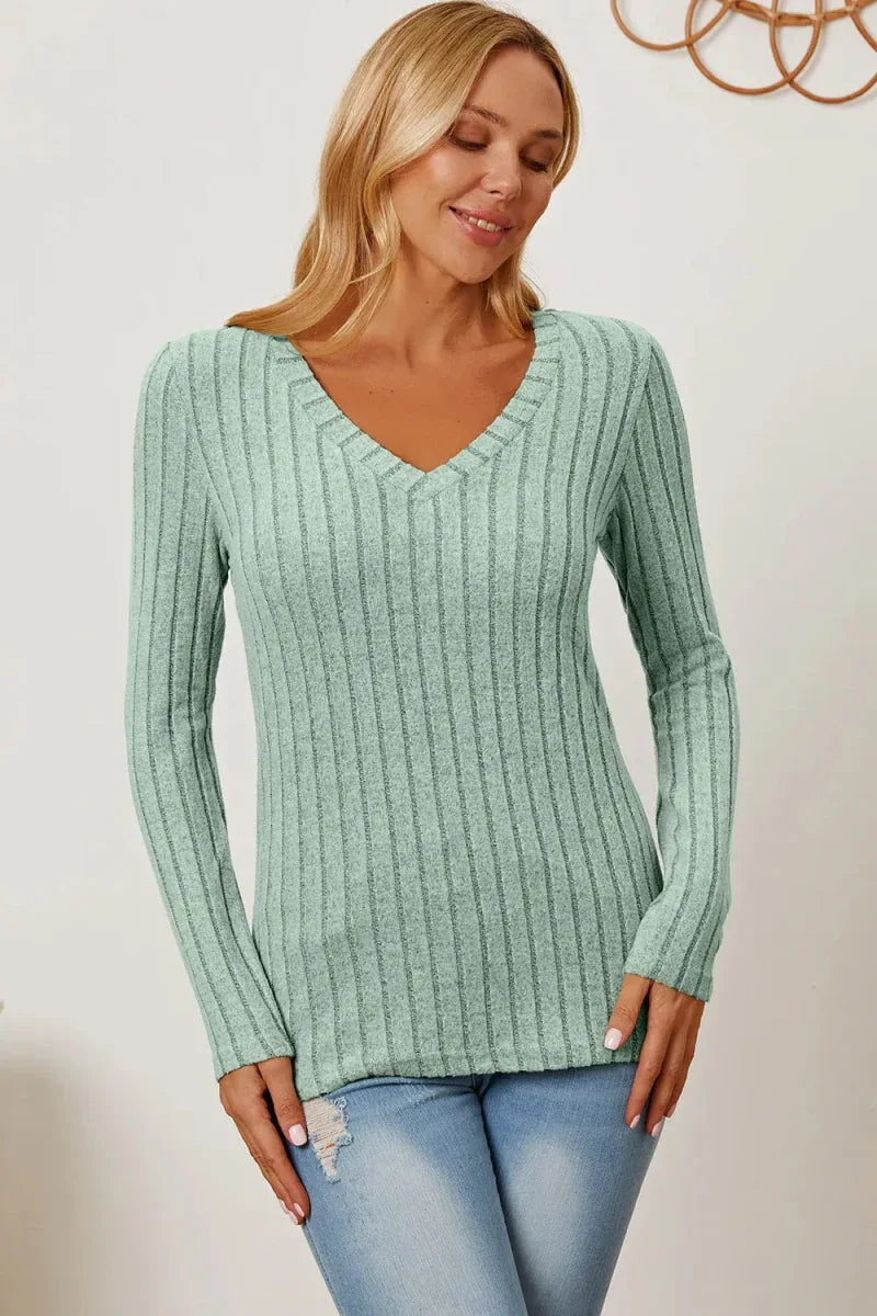 Basic Bae Full Size Ribbed V-Neck Long Sleeve T-Shirt -- 