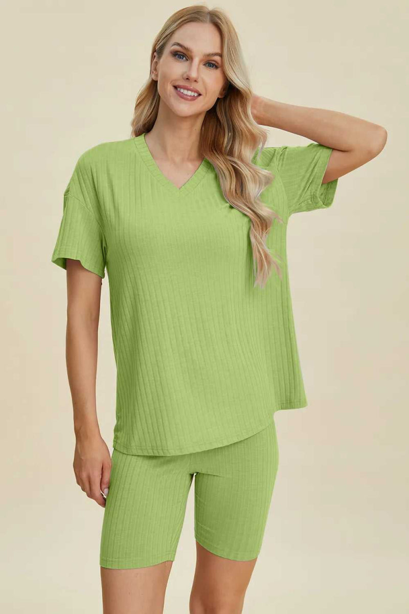 Basic Bae Full Size Ribbed V - Neck Short Sleeve Top and Shorts Set - Hopeford Streams