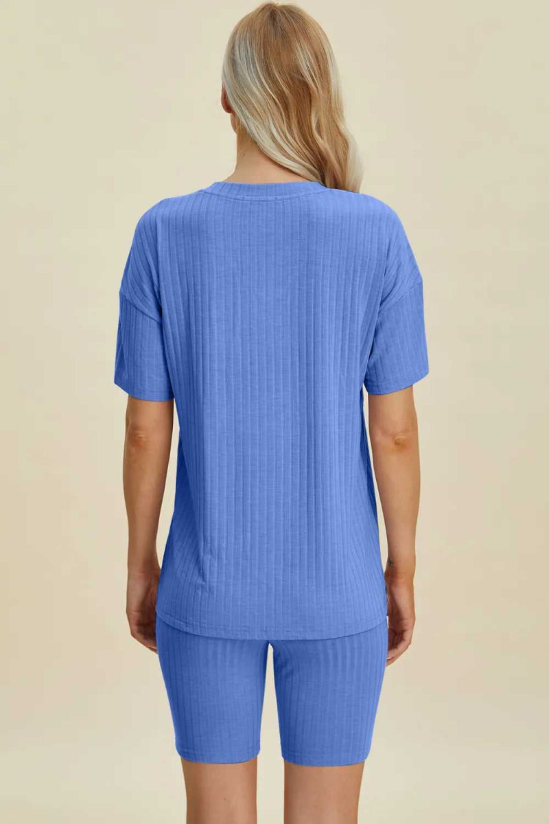 Basic Bae Full Size Ribbed V - Neck Short Sleeve Top and Shorts Set - Hopeford Streams