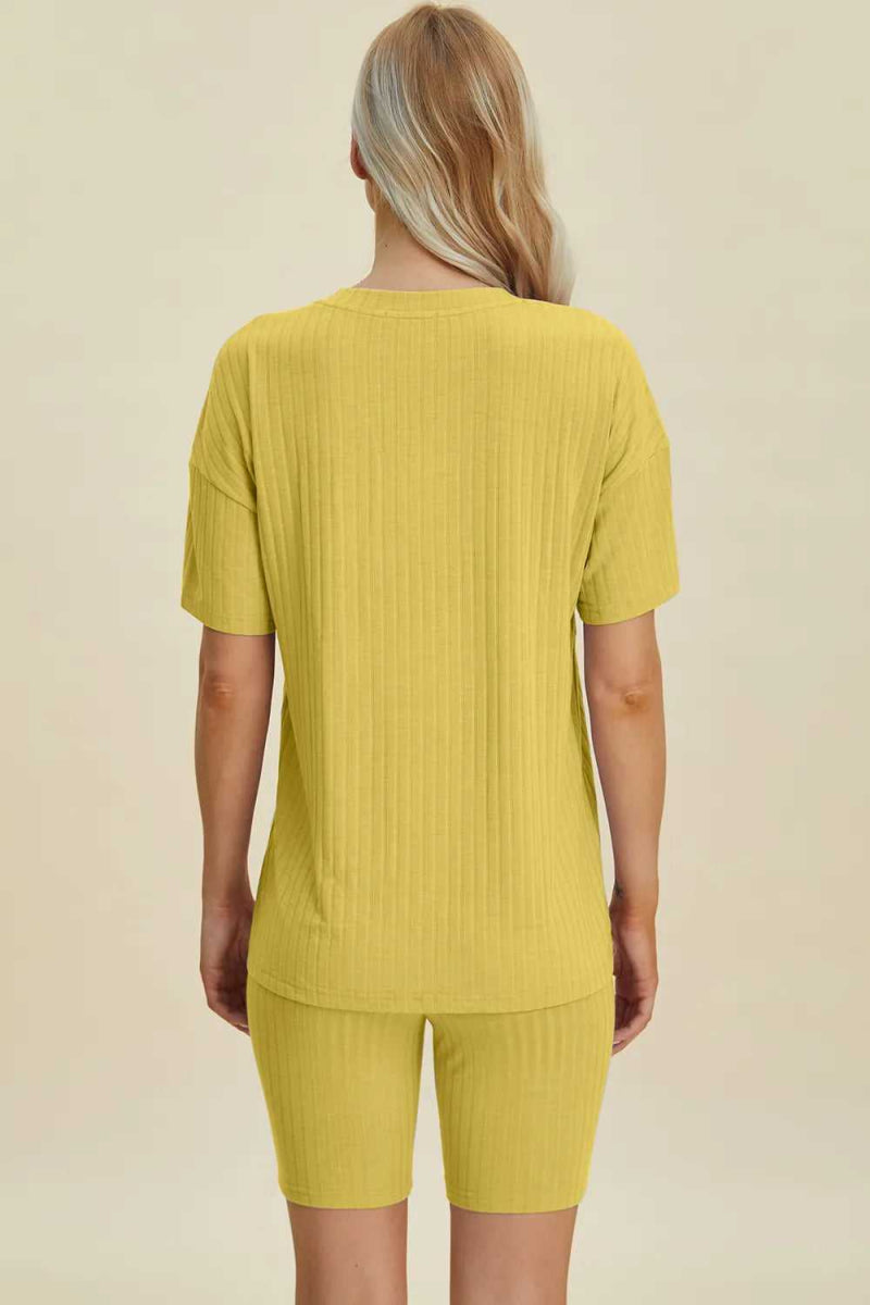Basic Bae Full Size Ribbed V - Neck Short Sleeve Top and Shorts Set - Hopeford Streams