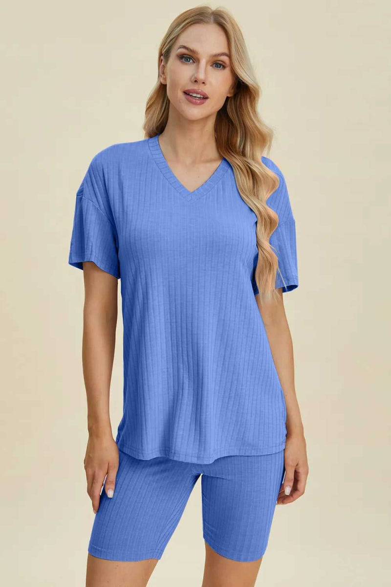 Basic Bae Full Size Ribbed V - Neck Short Sleeve Top and Shorts Set - Hopeford Streams