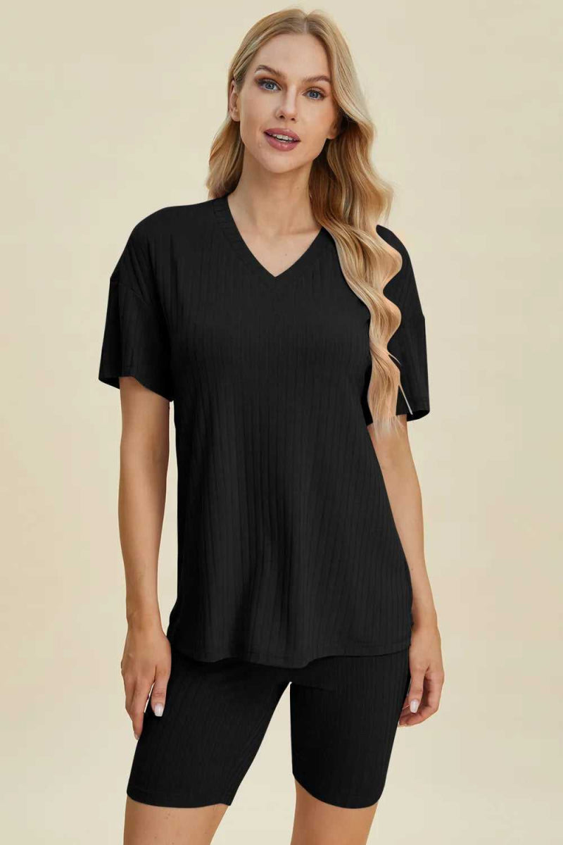 Basic Bae Full Size Ribbed V - Neck Short Sleeve Top and Shorts Set - Hopeford Streams
