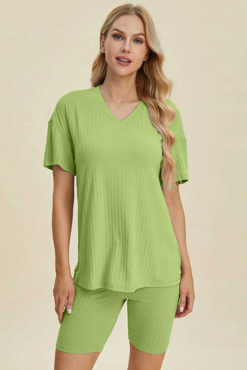 Basic Bae Full Size Ribbed V - Neck Short Sleeve Top and Shorts Set - Hopeford Streams