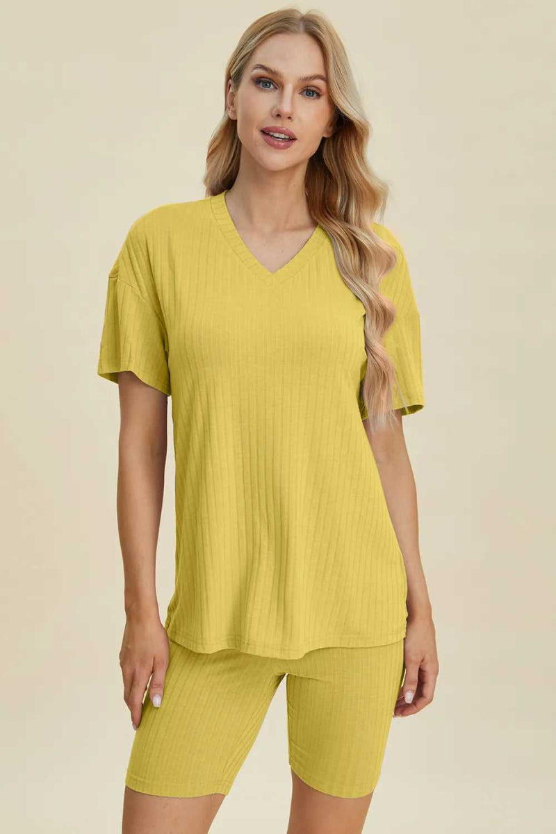 Basic Bae Full Size Ribbed V - Neck Short Sleeve Top and Shorts Set - Hopeford Streams