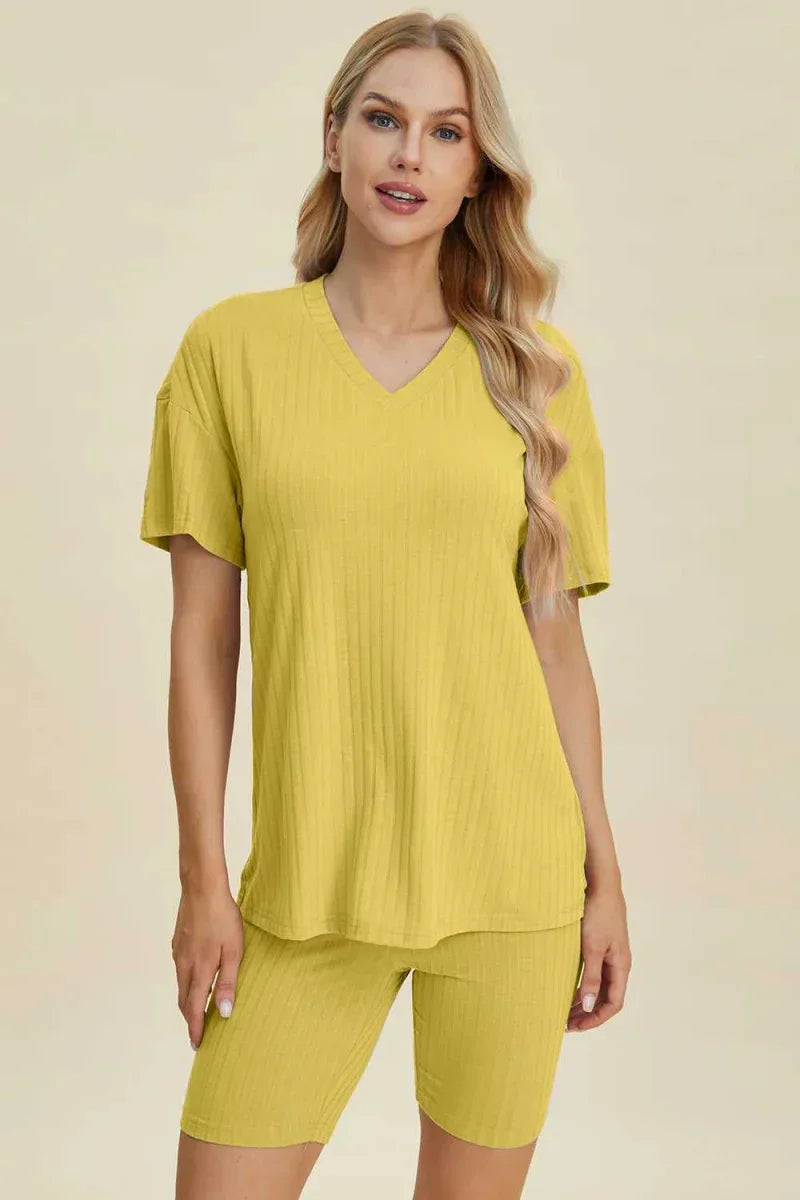 Basic Bae Full Size Ribbed V-Neck Short Sleeve Top and Shorts Set -- 