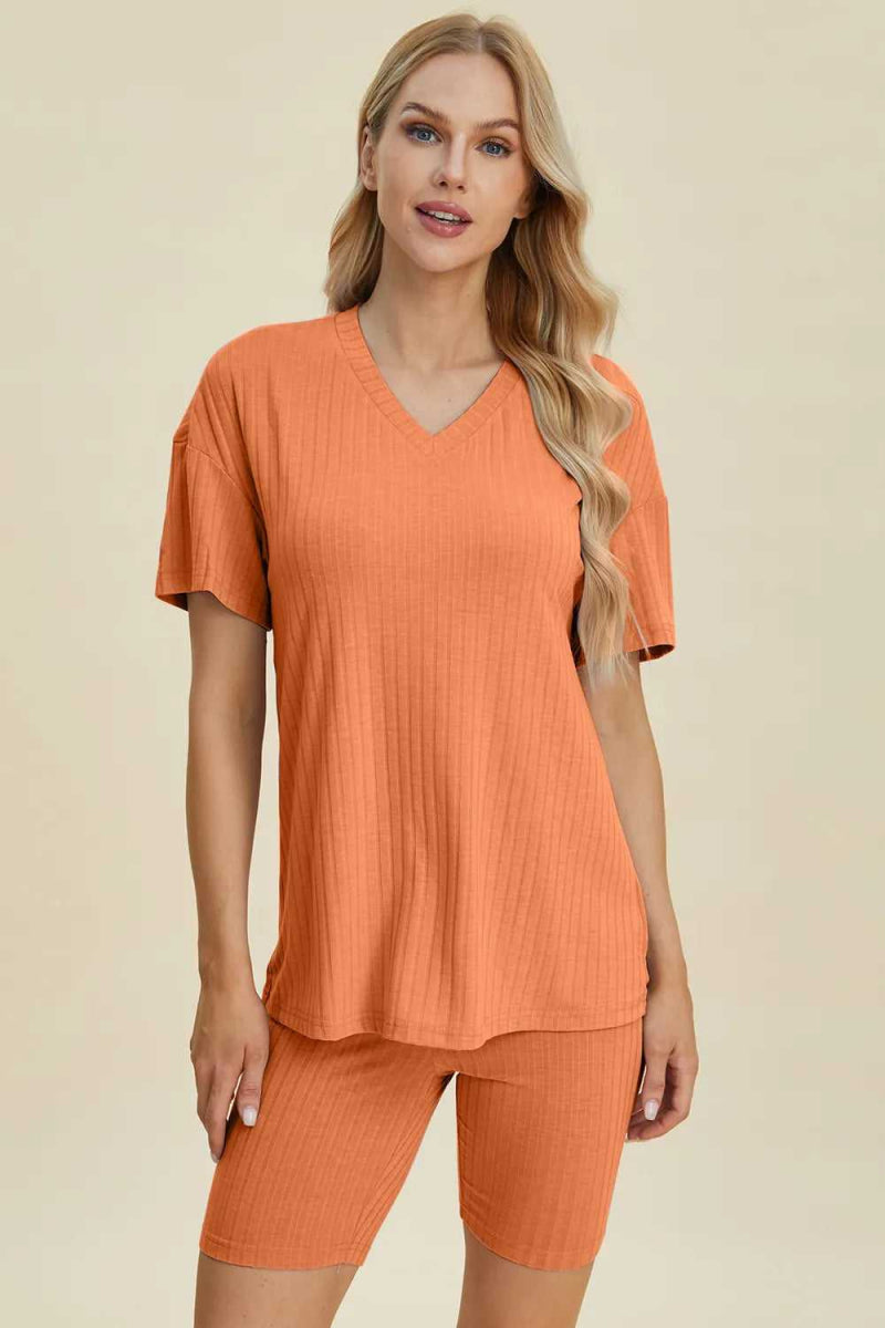 Basic Bae Full Size Ribbed V - Neck Short Sleeve Top and Shorts Set - Hopeford Streams