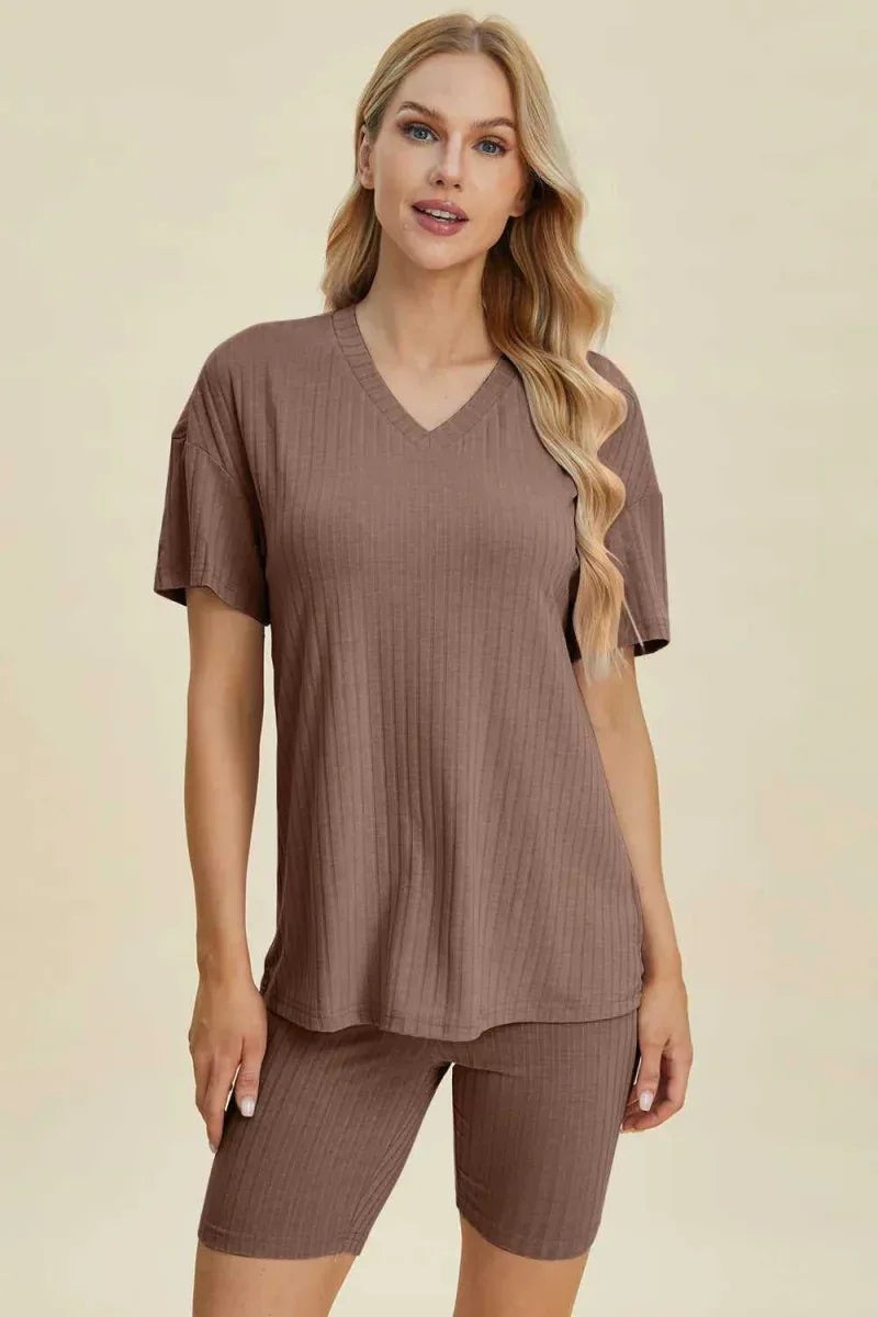 Basic Bae Full Size Ribbed V-Neck Short Sleeve Top and Shorts Set -- 