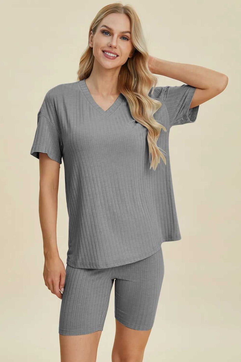 Basic Bae Full Size Ribbed V - Neck Short Sleeve Top and Shorts Set - Hopeford Streams