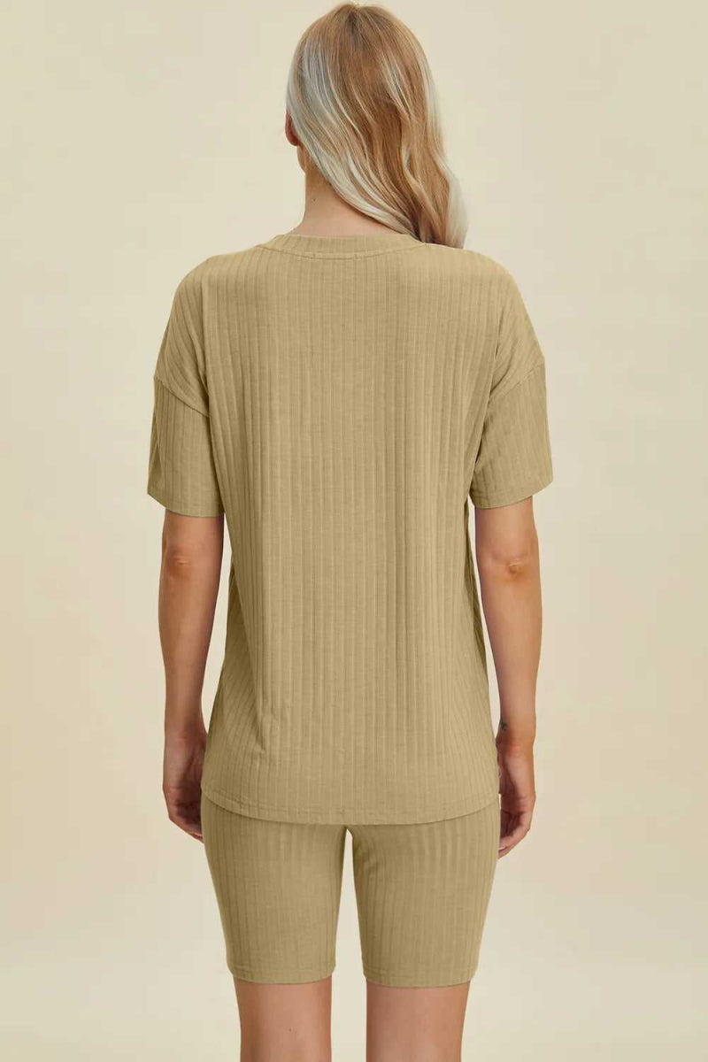 Basic Bae Full Size Ribbed V - Neck Short Sleeve Top and Shorts Set - Hopeford Streams