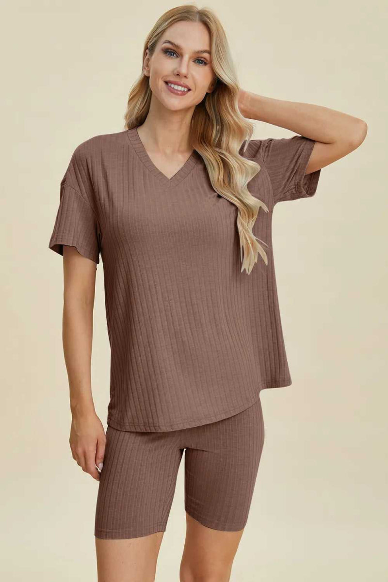 Basic Bae Full Size Ribbed V - Neck Short Sleeve Top and Shorts Set - Hopeford Streams