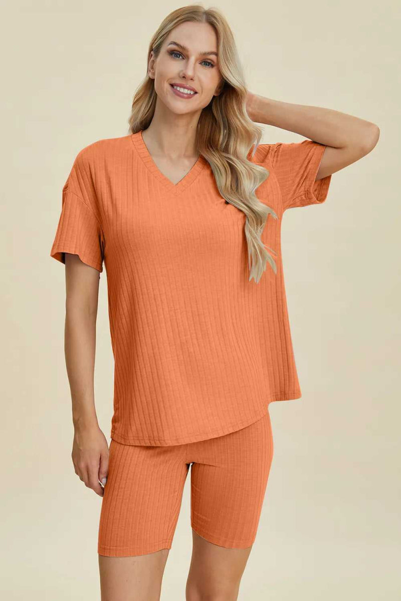 Basic Bae Full Size Ribbed V - Neck Short Sleeve Top and Shorts Set - Hopeford Streams