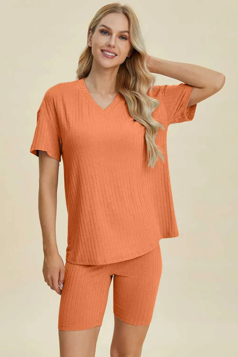 Basic Bae Full Size Ribbed V-Neck Short Sleeve Top and Shorts Set -- 