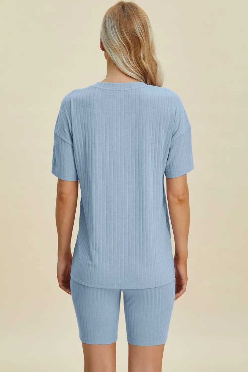 Basic Bae Full Size Ribbed V - Neck Short Sleeve Top and Shorts Set - Hopeford Streams