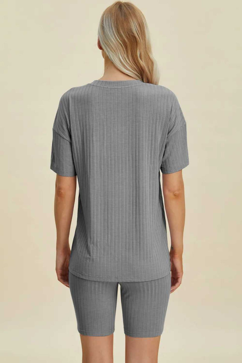 Basic Bae Full Size Ribbed V - Neck Short Sleeve Top and Shorts Set - Hopeford Streams