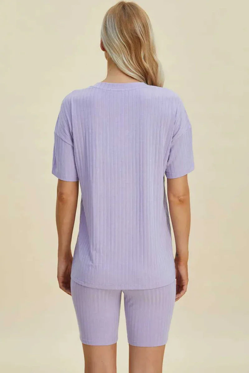 Basic Bae Full Size Ribbed V-Neck Short Sleeve Top and Shorts Set -- 