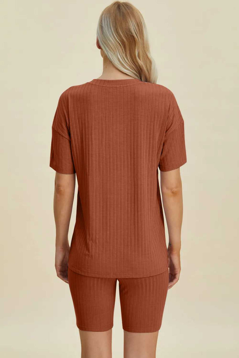 Basic Bae Full Size Ribbed V - Neck Short Sleeve Top and Shorts Set - Hopeford Streams