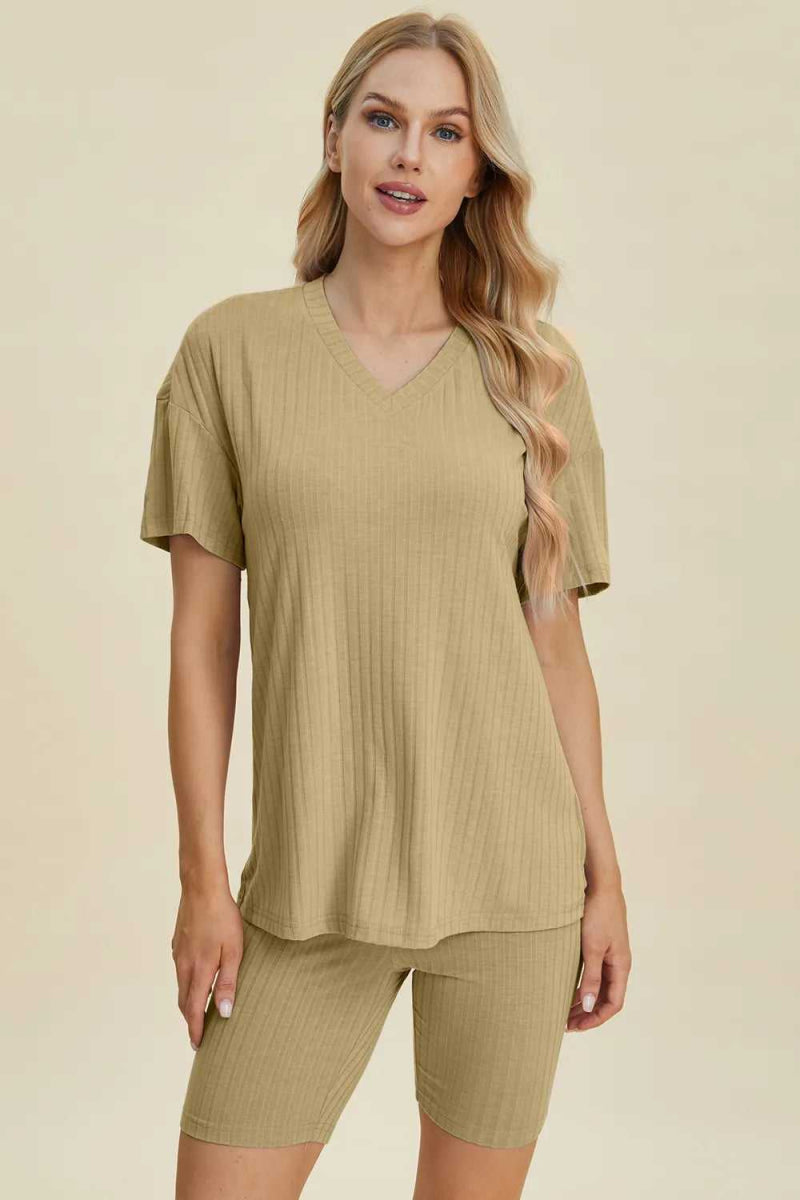 Basic Bae Full Size Ribbed V - Neck Short Sleeve Top and Shorts Set - Hopeford Streams