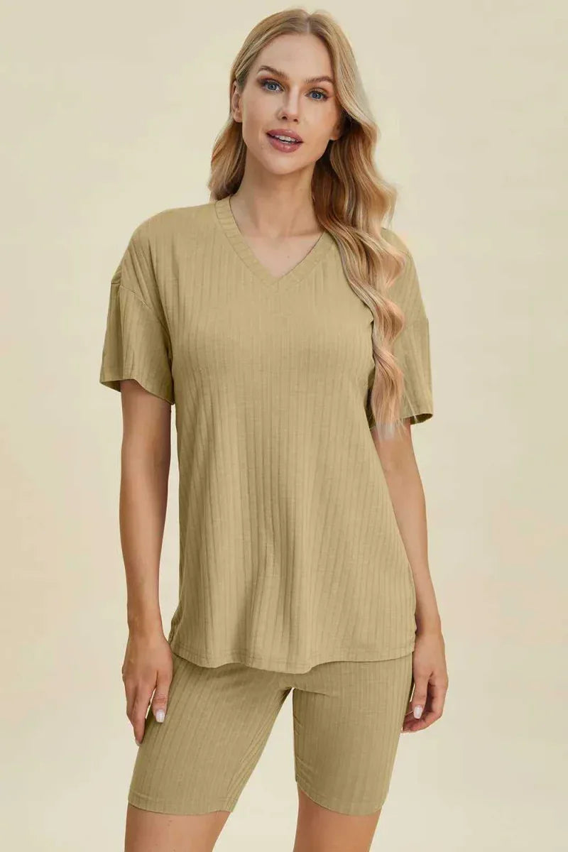 Basic Bae Full Size Ribbed V-Neck Short Sleeve Top and Shorts Set -- 