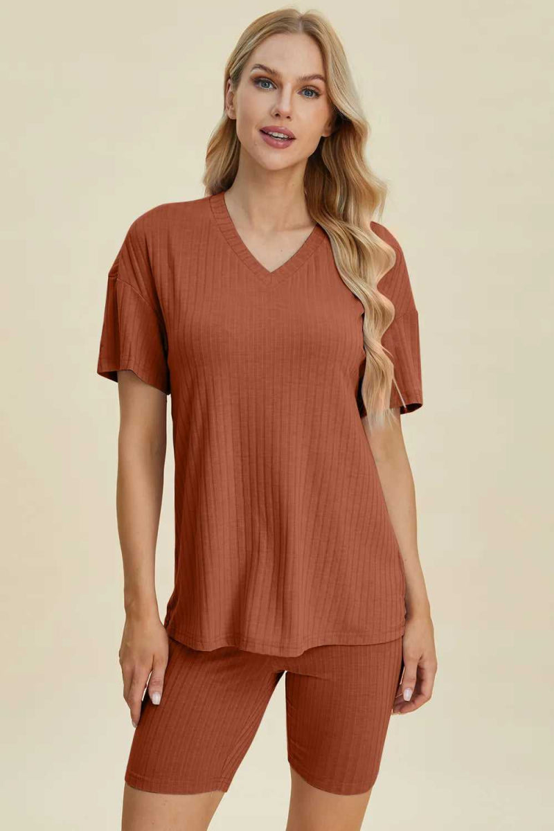 Basic Bae Full Size Ribbed V - Neck Short Sleeve Top and Shorts Set - Hopeford Streams