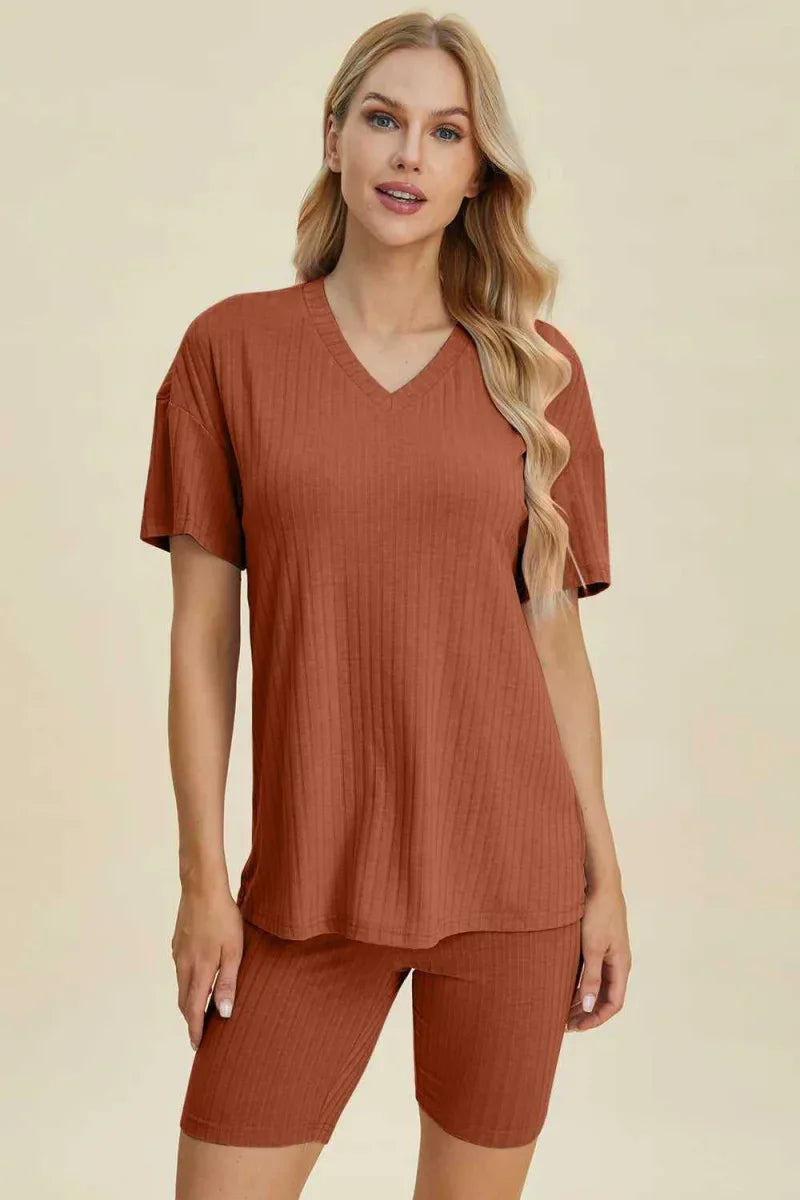 Basic Bae Full Size Ribbed V-Neck Short Sleeve Top and Shorts Set -- 