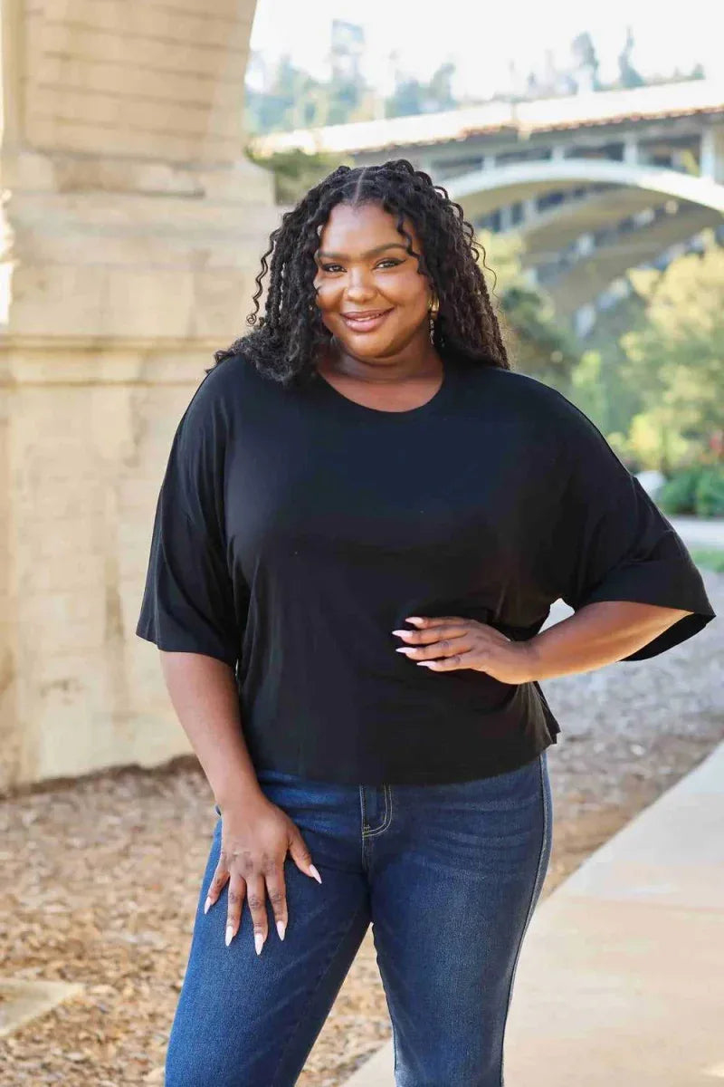 Basic Bae Full Size Round Neck Drop Shoulder T-Shirt -- 