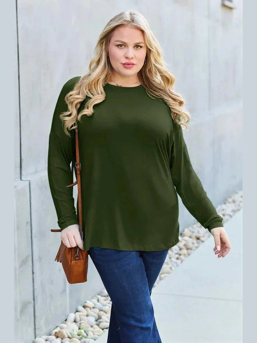 Basic Bae Full Size Round Neck Dropped Shoulder T-Shirt -- 