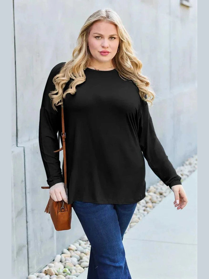 Basic Bae Full Size Round Neck Dropped Shoulder T-Shirt -- 