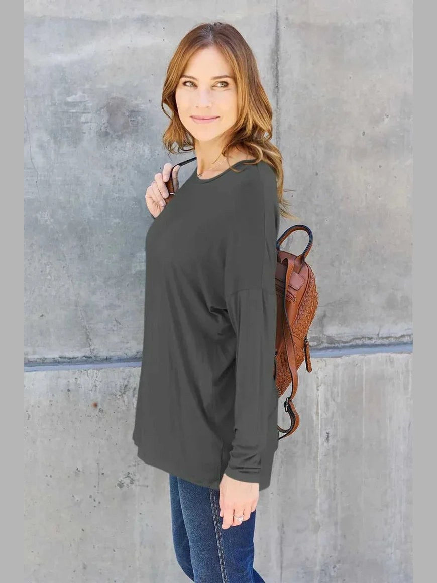 Basic Bae Full Size Round Neck Dropped Shoulder T-Shirt -- 