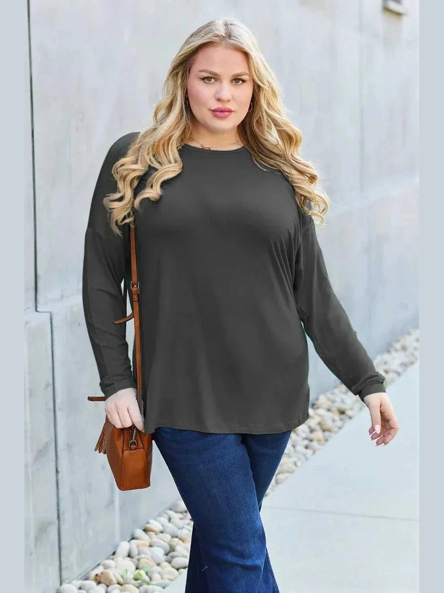 Basic Bae Full Size Round Neck Dropped Shoulder T-Shirt -- 