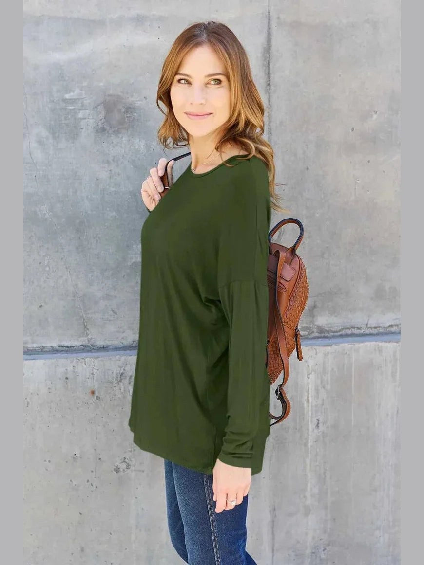 Basic Bae Full Size Round Neck Dropped Shoulder T-Shirt -- 