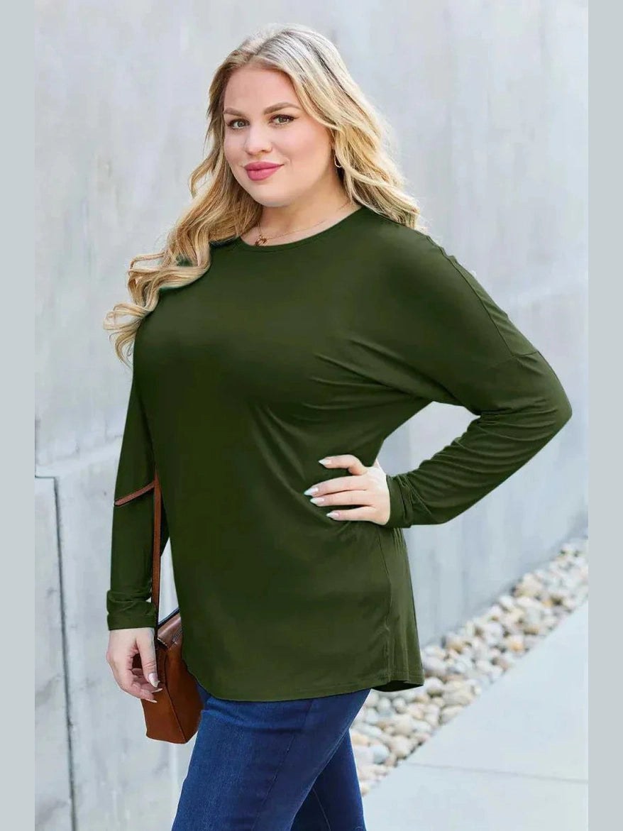 Basic Bae Full Size Round Neck Dropped Shoulder T-Shirt -- 