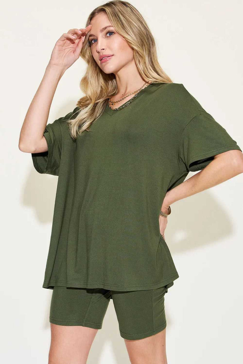 Basic Bae Full Size V - Neck Drop Shoulder T-Shirt and Shorts Set - Hopeford Streams - Clothing Tops from hopeford-streams.myshopify.com