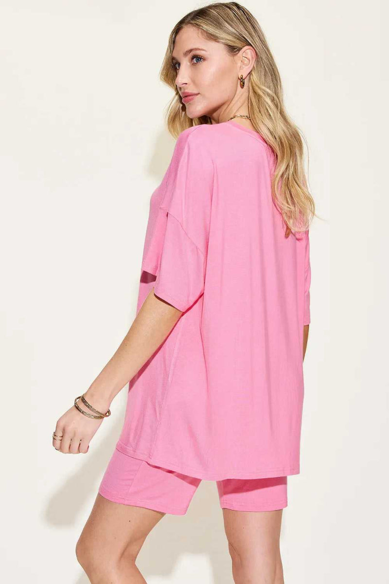 Basic Bae Full Size V - Neck Drop Shoulder T-Shirt and Shorts Set - Hopeford Streams