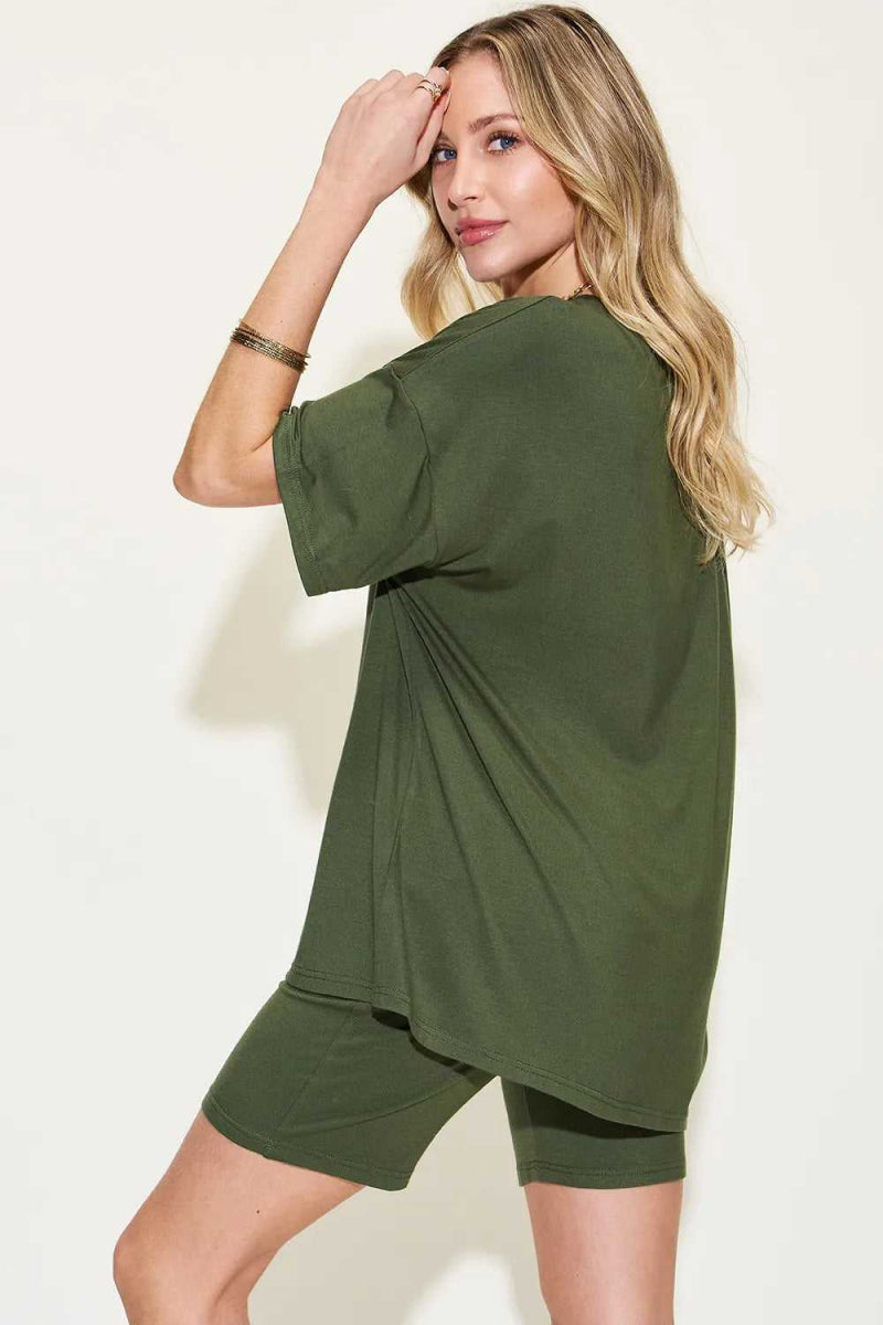 Basic Bae Full Size V - Neck Drop Shoulder T-Shirt and Shorts Set - Hopeford Streams
