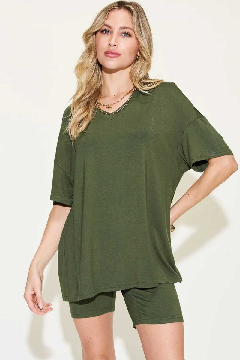 Basic Bae Full Size V - Neck Drop Shoulder T-Shirt and Shorts Set - Hopeford Streams