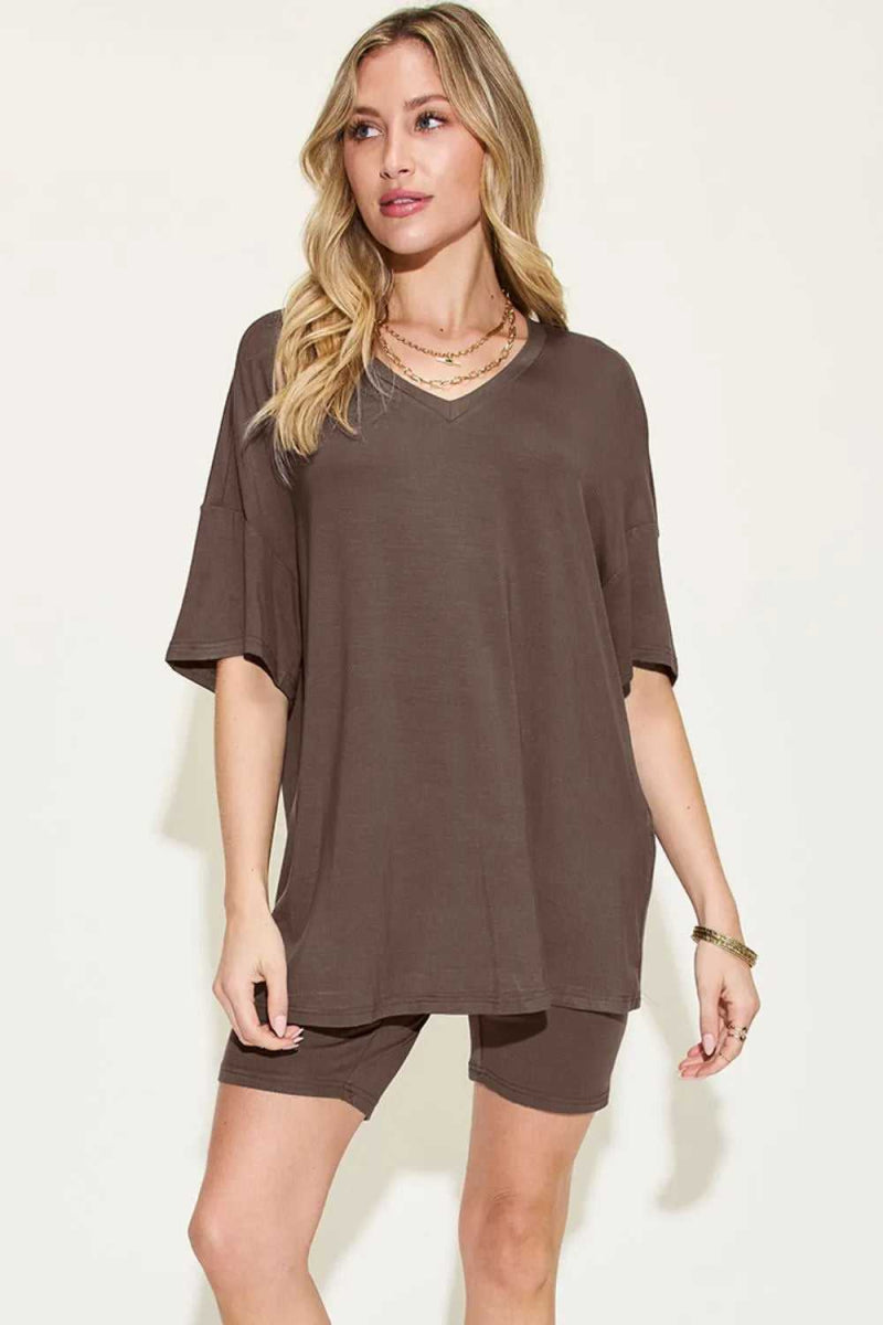 Basic Bae Full Size V - Neck Drop Shoulder T-Shirt and Shorts Set - Hopeford Streams - Clothing Tops from hopeford-streams.myshopify.com