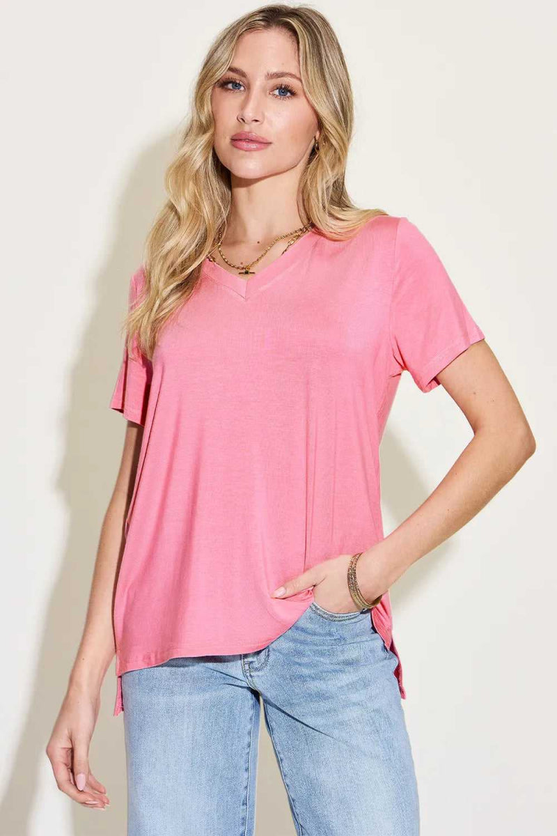Basic Bae Full Size V - Neck High - Low T-Shirt - Hopeford Streams