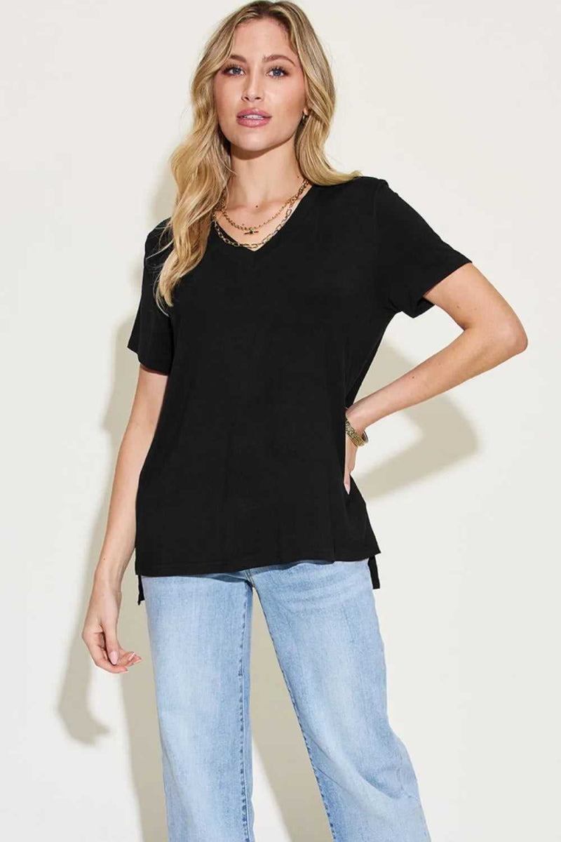 Basic Bae Full Size V - Neck High - Low T-Shirt - Hopeford Streams