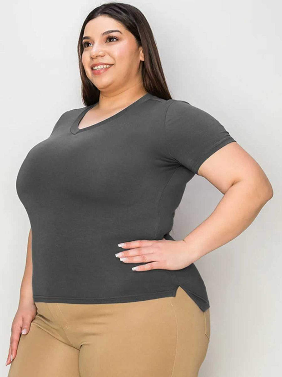 Basic Bae Full Size V - Neck High - Low T-Shirt - Hopeford Streams