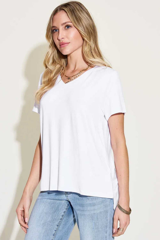 Basic Bae Full Size V - Neck High - Low T-Shirt - Hopeford Streams