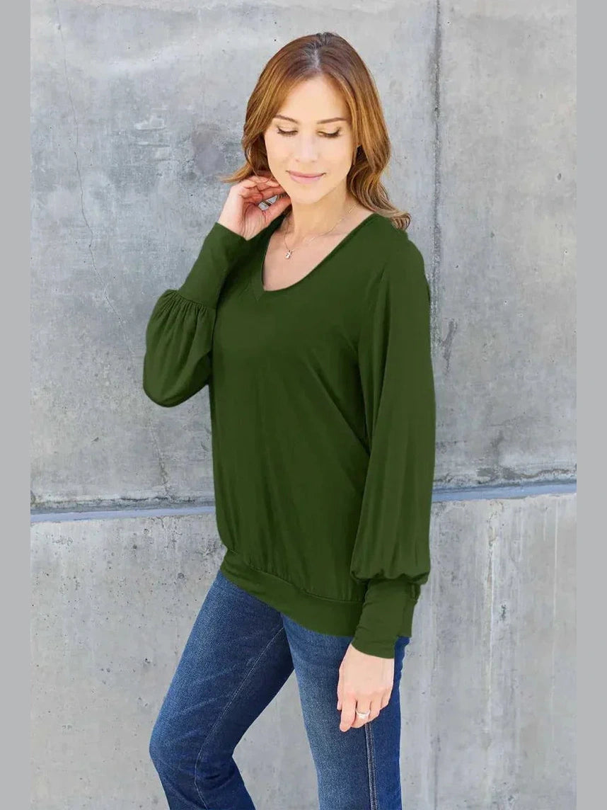 Basic Bae Full Size V-Neck Lantern Sleeve Top -- 